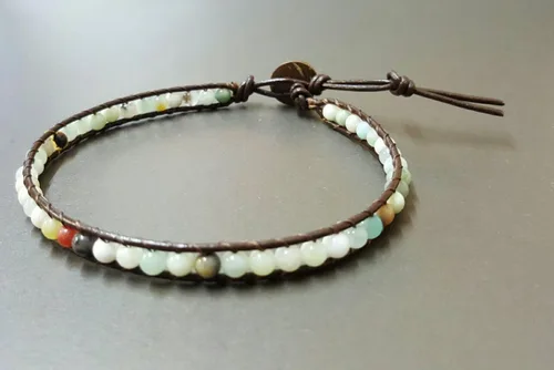 Miniatura 2 de Infinityee888 - Tobillera con cuentas de amazonita de 10 pulgadas, tejida con cordón de cuero, hecha a mano, estilo hippie, bohemio, unisex, idea