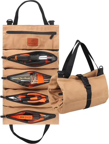 Miniatura 11 de Bolsa enrollable para herramientas, bolsa enrollable multiusos de lona de 16 onzas, organizador con 5 bolsillos para herramientas con cremallera
