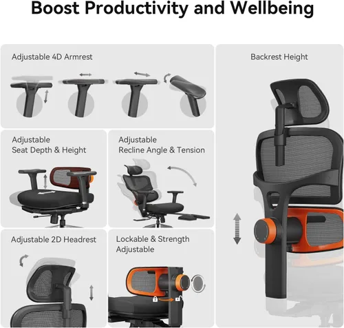 Miniatura 5 de Newtral Silla de oficina ergonómica, silla de escritorio de oficina en casa, silla de oficina grande y alta, soporte lumbar de seguimiento Negro