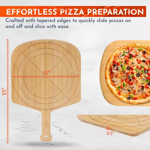 Miniatura 2 de Pizarra de madera de 12 pulgadas con tamaños grabados, tabla de cortar de pizza de bambú multiusos, cáscara de pizza de madera, espátula de pizza