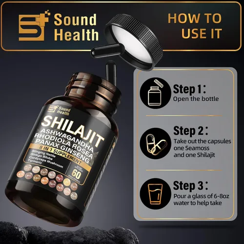 Miniatura 4 de SoundHealth Cápsulas puras de Shilajit 60 unidades Fórmula 8 en 1 Extracto concentrado 25:1 (equivalente a 10,000 mg) Paquete de botella