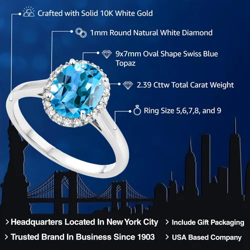 Miniatura 30 de Gem Stone King Anillo de compromiso ovalado de oro blanco de 10 quilates con piedra natal y halo de diamantes Ovalado de 0.354 x 0.276 in Anillo