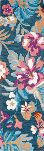 SAFAVIEH Jardin Collection Alfombra de pasillo, 2 pies 3 pulgadas x 8 pies, azul y rosa, lana floral hecha a mano, ideal para zonas de alto tráfico
