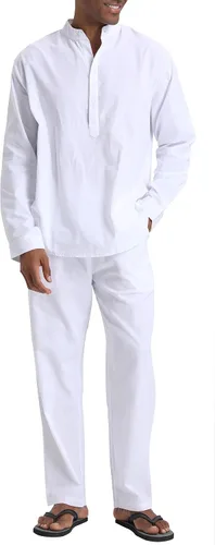 Miniatura 2 de Conjuntos de lino para hombre, camisas Henley, 2 piezas, trajes de vacaciones, ropa de playa, traje casual, camisa de manga larga, pantalones