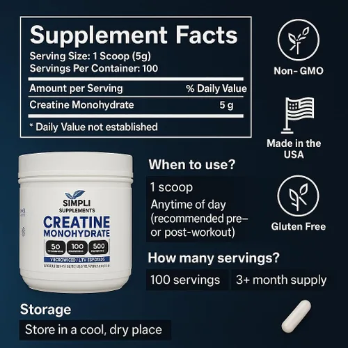 Miniatura 2 de Polvo de monohidrato de creatina pura 0.17 oz por porción Creatina en polvo de 17.64 oz para hombres y mujeres Suplemento nutricional