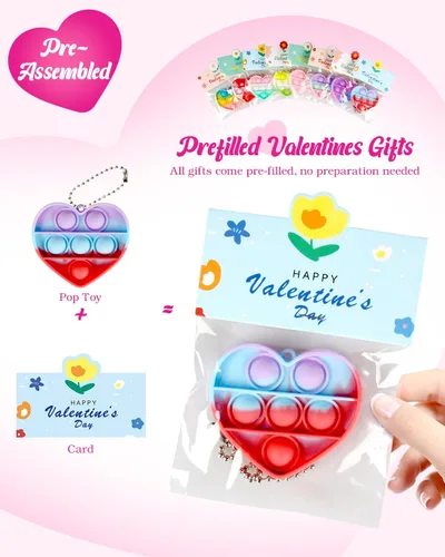 Miniatura 9 de Paquete de 56 juguetes para ansiedad y tarjetas prellenadas para el día de San Valentín para el aula de los niños, mini juguetes