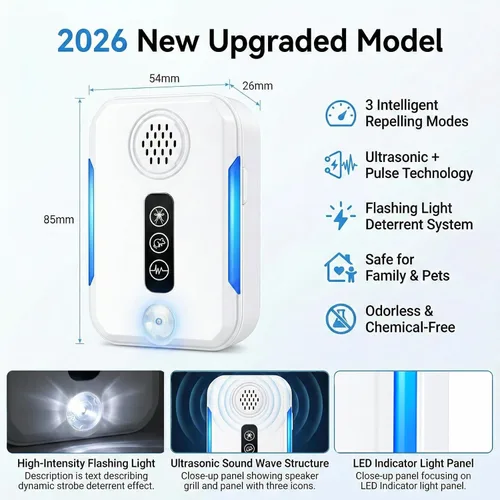 Miniatura 6 de Repelente ultrasónico de roedores para interiores, 1 paquete, enchufe electrónico de control de plagas para ratas, ratones, cucarachas, arañas
