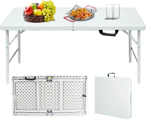 Miniatura 18 de Mesa plegable portátil de plástico de 4 pies/6 pies/8 pies, mesa de picnic y comedor de alta resistencia, color blanco y negro, plegable a la mitad