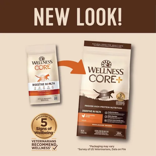 Miniatura 3 de Wellness CORE+ - Alimento seco para gatos adultos para interiores y exteriores, granos integrales, natural, salud digestiva con pollo y arroz