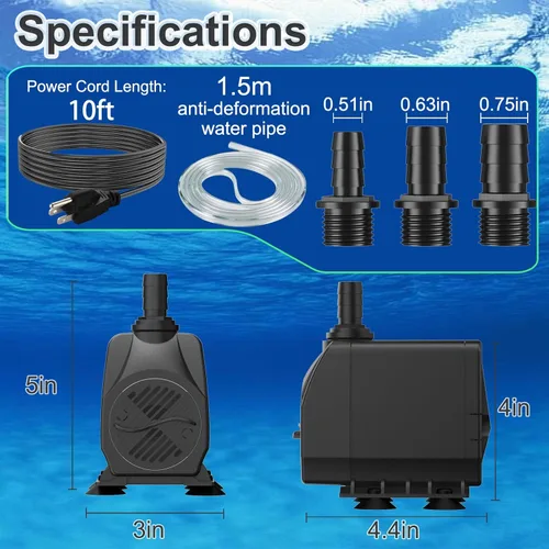 Miniatura 6 de SongLong Bomba de agua ultra silenciosa de 60 W 800 GPH Cable de 3 pines de 10 pies con tubo, protección contra sobrecalentamiento, perfecta