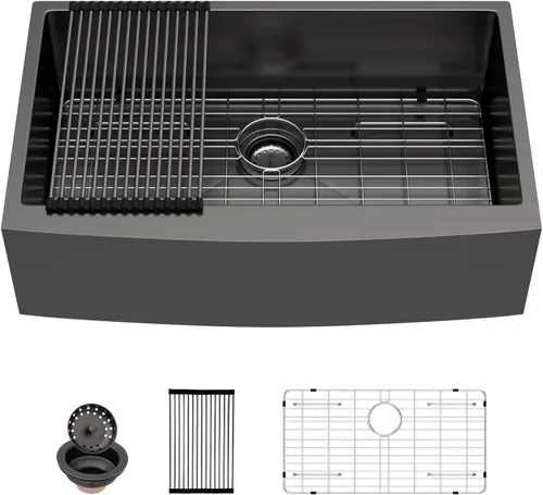 Miniatura 9 de Sarlai Fregadero de acero inoxidable 33 estilo granja, 33 x 21 pulgadas, delantal frontal de acero inoxidable calibre 16, fregadero de cocina