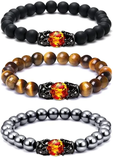 SOOWOOT 3 pulseras de protección, 0.315 in, piedra natural, ojo de tigre, hematita, pulseras de cuentas para hombres y mujeres