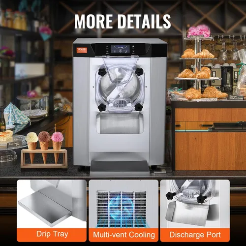 Miniatura 6 de VEVOR Máquina Comercial para Hacer Helados, Rendimiento de 12 L/H, 1713W Máquina para Helados Duros de Un Solo Sabor de Encimera, Cilindro de Acero