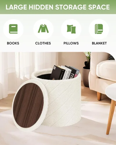 Miniatura 2 de B FSOBEIIALEO Otomana con almacenamiento, otomana redonda de bouclé con bandeja, taburete reposapiés para dormitorio, sala de estar blanca, Blanco