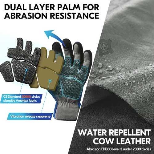Miniatura 3 de Vgo... Guantes de trabajo para hombres, guantes de trabajo de seguridad de cuero, protección contra arañazos, a prueba de espinas, pantalla táctil