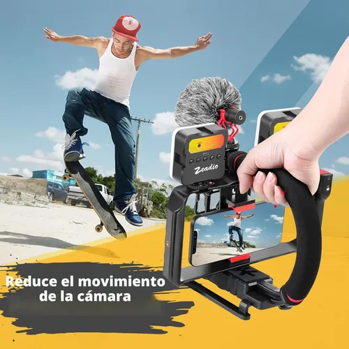 Miniatura 4 de Zeadio Kit estabilizador de cámara para smartphone, mango portátil, soporte de video portátil con luz de video RGB y micrófono, se adapta a todas