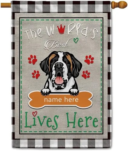 Miniatura 12 de The World's Best Dog Garden Flag Saint Bernard Dog Lives Here Bone Paw Buffalo Plaid Check 12.5x18 pulgadas Decoración exterior de patio de doble