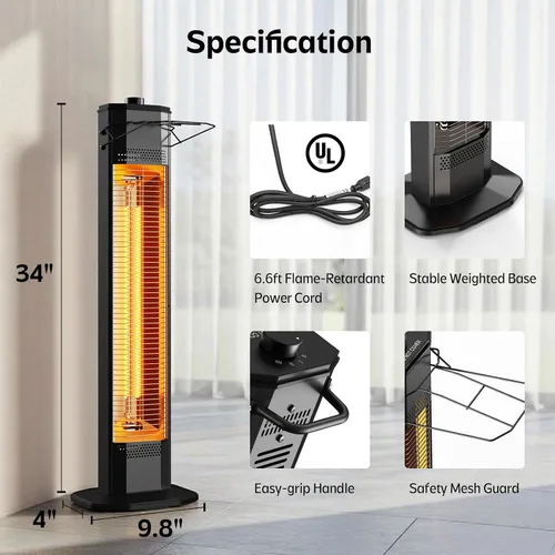 Miniatura 8 de Calentador eléctrico para patio al aire libre, calentador de torre infrarrojo de 34 pulgadas de 1500 W con calentamiento instantáneo, protección 34