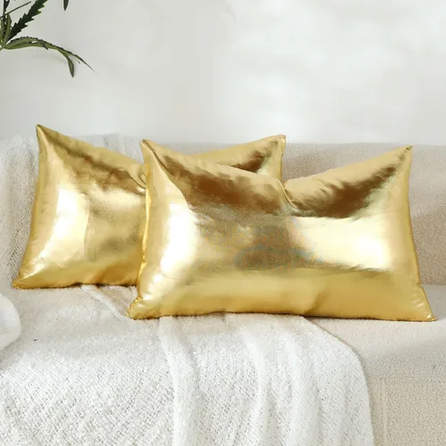 Miniatura 12 de Juego de 2 fundas de cojín decorativas modernas metálicas y brillantes, fundas de almohada cuadradas suaves de piel sintética para sofá, cama, Verde