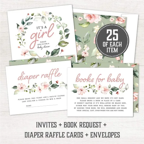 Miniatura 4 de Invitaciones de baby shower para niña con sobres (juego de 25) – Invitaciones florales para baby shower para niña con boletos para rifas de pañales