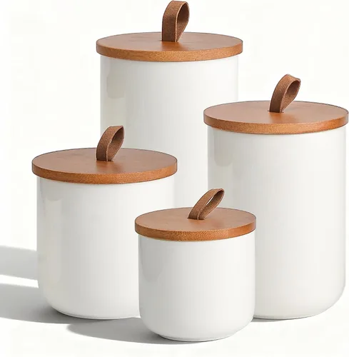 Miniatura 11 de Juego de recipientes de cerámica negra con tapas de bambú, tarros herméticos de almacenamiento de alimentos de 3 piezas para cocina, harina, azúcar