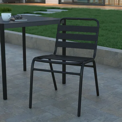 EMMA + OLIVER Jens Silla de comedor apilable de metal, silla de comedor para interiores y exteriores con respaldo de triple listón, listones de