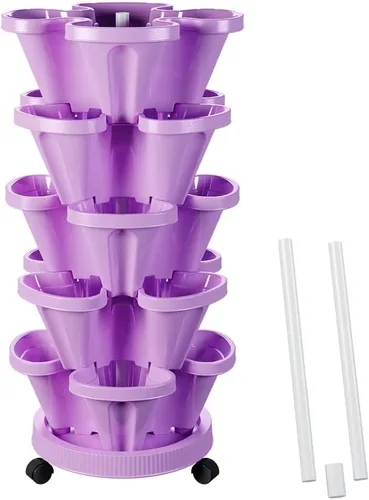 Miniatura 27 de Macetas verticales de fresa, paquete de 2 unidades, torre apilable de 5 niveles con poste de soporte, macetas apilables para hierbas y verduras