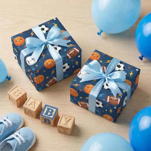 Miniatura 5 de SaringSwoon Papel de regalo para baby shower para niños y niños, papel de regalo de pelota deportiva azul con diseño de baloncesto, fútbol, béisbol