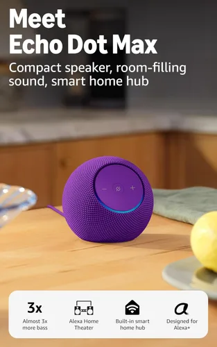 Amazon Echo Dot Max (modelo más reciente): parlante Alexa con sonido que llena la habitación y graves casi 3 veces más potentes, ideal para salas