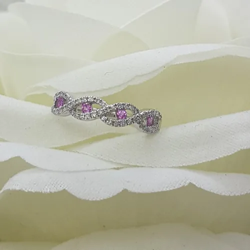 Miniatura 4 de Anillo de boda apilable de oro de 10 quilates con zafiro rosa y diamante blanco para mujer, zafiro rosa, Zafiro