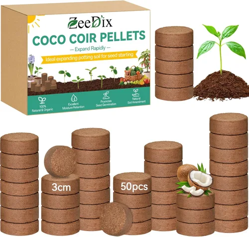 ZeeDix 50 pellets de fibra de coco orgánica de 1.181 in para iniciadores de semillas, tierra de coco comprimida para plantar, suelo de jardín para