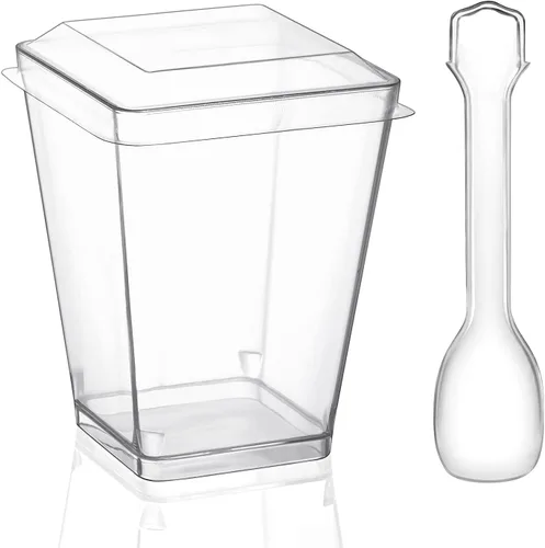 Miniatura 3 de Eupako Paquete de 50 vasos cuadrados de plástico transparente de 5 onzas con tapas y cucharas, juego de vasos pequeños de plástico transparente, 50