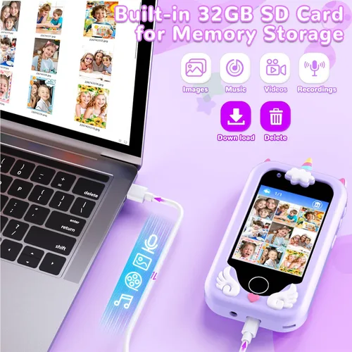 Miniatura 7 de Lapare Juguete de teléfono inteligente para niños para niñas, pantalla táctil de 2.8 pulgadas con doble cámara, juego, reproductor de música