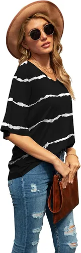 Miniatura 4 de SUEANI - Camiseta de cuello en V para mujer, diseño holgado con manga 34 acampanada
