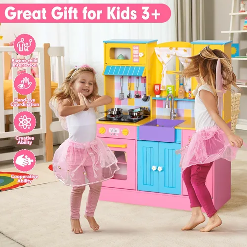 Miniatura 6 de BRINJOY Juego de cocina para niños, cocina de madera para niños con grifo, fregadero, estufa, horno, cortinas, utensilios de cocina, armarios