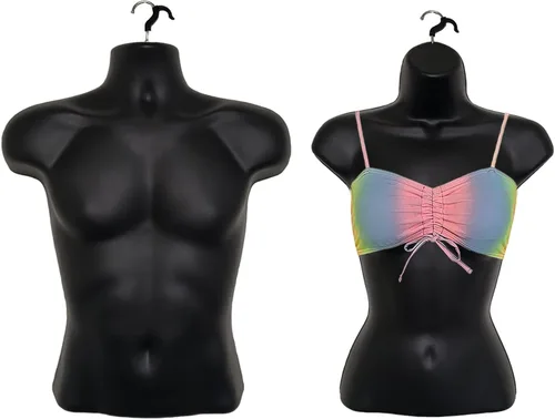Miniatura 2 de Juego de maniquí negro con espalda hueca masculina y femenina con soportes con poste de metal, tamaños S-M