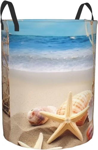 Miniatura 2 de Cesta circular impermeable con estampado de estrellas de mar y conchas marinas, cesta organizadora de ropa sucia con asas para ropa, juguetes