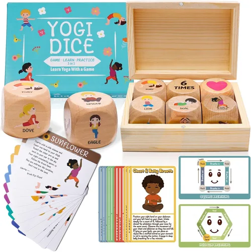 Garybank Dados de yoga para niños con 12 tarjetas de yoga, 20 tarjetas de ejercicio de respiración, suministros de esquina para calmar, juego de
