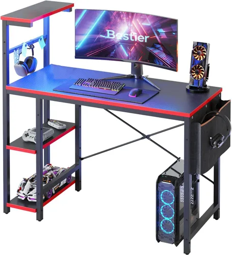 Miniatura 21 de Bestier Escritorio para juegos con tomas de corriente, escritorio LED grande de 61 pulgadas con estantes reversibles de 4 niveles, mesa