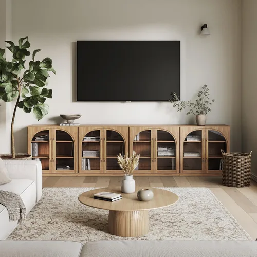 Miniatura 11 de BELLEZE Juego de soporte modular de TV de 4 piezas, centro de entretenimiento moderno con asas anchas de madera, aparadores con estantes ajustables