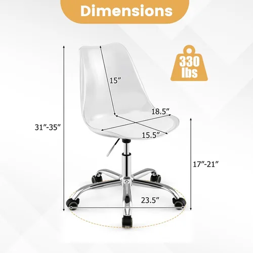 Miniatura 3 de Giantex Juego de 2 sillas de escritorio de acrílico transparente, modernas sillas de oficina en casa con cojín y ruedas de piel sintética, silla