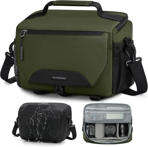 Miniatura 11 de RAINSMORE Bolsa para cámara, pequeña, de bandolera, para cámara DSLR/SLR/sin espejo, bolsa de hombro impermeable con soporte para trípode y cubierta