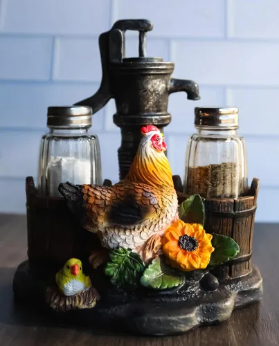 Miniatura 7 de Ebros Country Animal Farm Pollo gallina con pollitos por riego, barriles de bomba y girasoles, salero y pimentero, figura como cocina, comedor