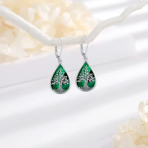 Miniatura 148 de Aretes colgantes de plata de ley con diseño de árbol de la vida, flor, abeja, animales, gato, colibrí, piedra lunar, turquesa, aretes con cierre