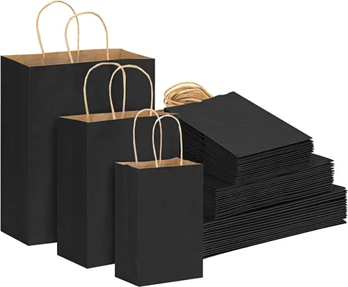 TOMNK 120 bolsas de papel negro con asas de tamaño mixto, bolsas de regalo de papel kraft a granel para negocios, compras, venta al por menor,