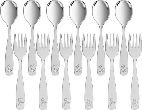 Miniatura 8 de Juego de cubiertos de acero inoxidable para niños de 8 piezas, 4 tenedores y 4 cucharas, bonitos juegos de cubiertos para niños con pulido de 8