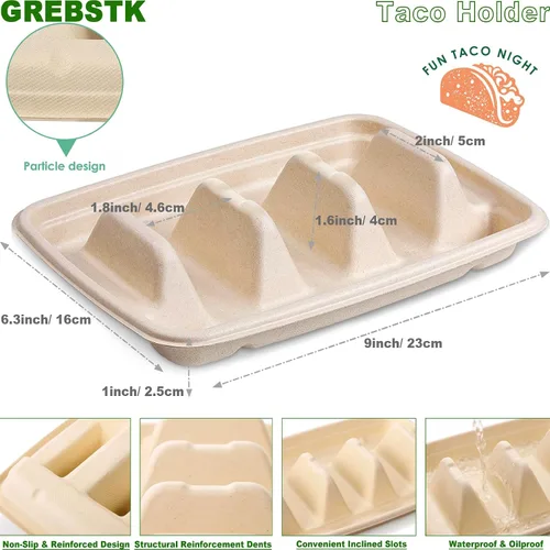 Miniatura 2 de GREBSTK Paquete de 30 soportes desechables para tacos, platos de taco de pulpa de bagazo compostables con 3 divisores para fiesta de tacos, juego