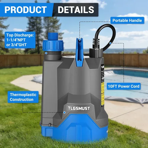 Miniatura 6 de Bomba de agua sumergible, 1/3 HP 2450GPH Bomba de agua termoplástica eléctrica portátil de transferencia para piscina, sótano, inundación, jardín