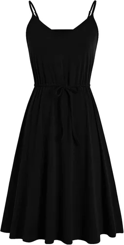 Miniatura 3 de Vestido casual de verano para mujer, de algodón, sin mangas, tirantes delgados, cintura ajustable, acampanado, con bolsillos, 826