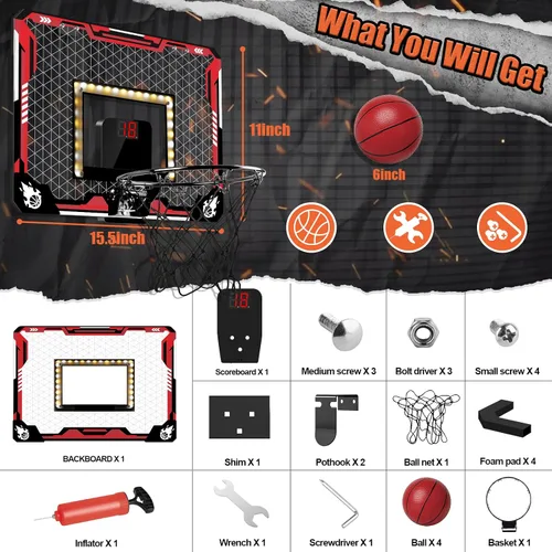Miniatura 6 de KIZJORYA Aro de Baloncesto para Interiores, Mini Aro de Baloncesto con Luz para Niños con Marcador Electrónico y 4 Pelotas, Tablero Plegable